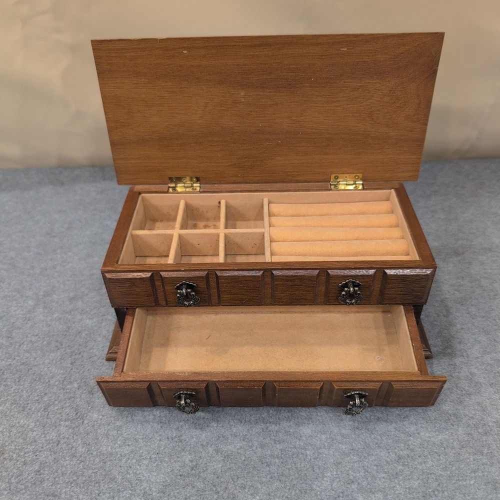 Vintage Wood Jewelry Box Organizer Two Drawer Ring Holder Ornate Pulls 10" Wide - Picture 4 of 8